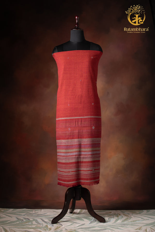 Jesaal - Handwoven Madder Rust Red Kala Cotton Kurta Fabric with Muted woven Stripe Panel