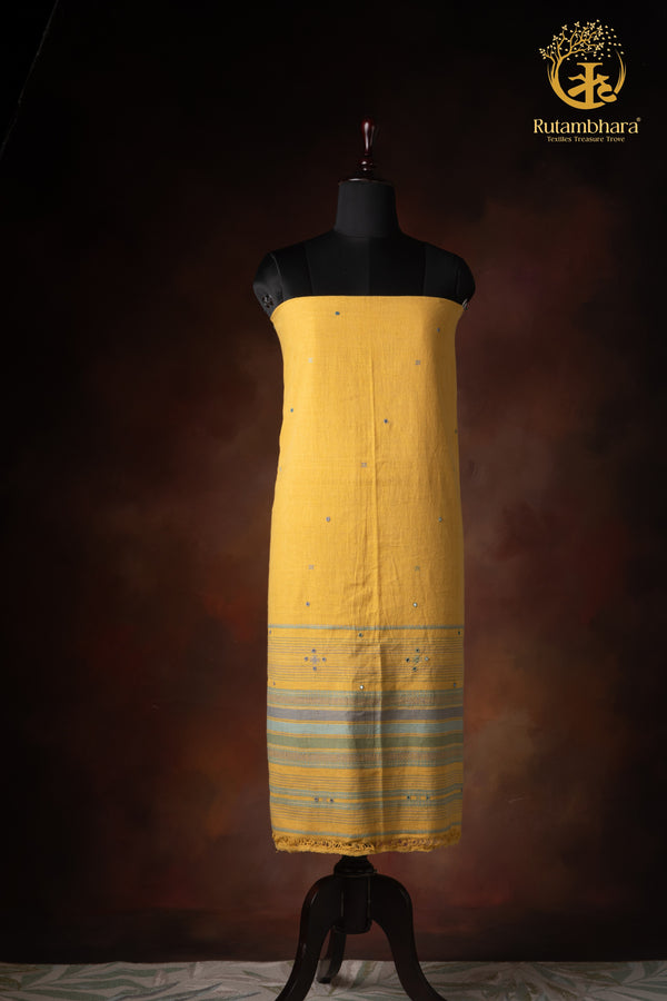 Jesaal - Handwoven Muted Mustard Yellow Kurta Fabric with Muted Woven Stripes Panel and Mirror Accents.