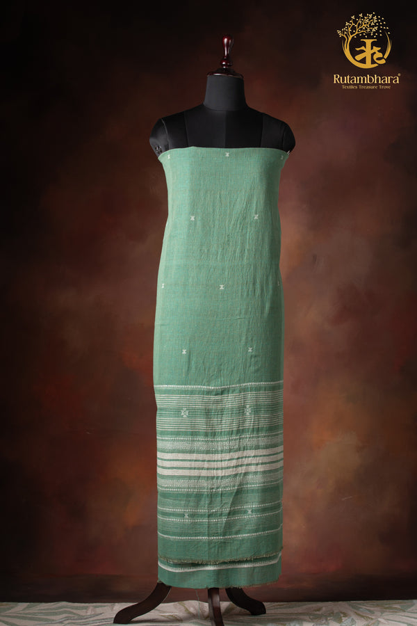 Jesaal - Handwoven Pastel Sage Kurta Fabric with Ivory Woven Stripes Panel.