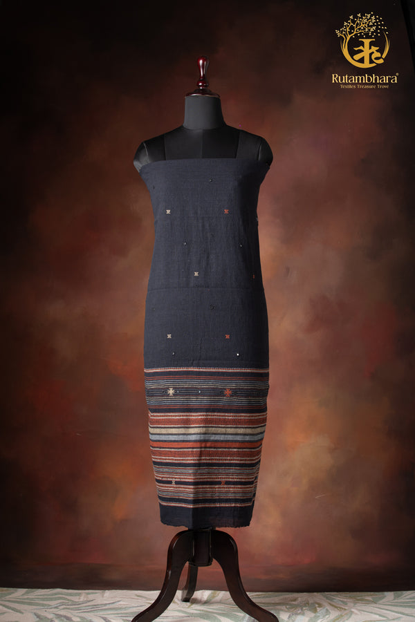 Jesaal - Handwoven Charcoal Black Kurta Fabric with Muted Woven Stripes Panel and Mirror Accents.