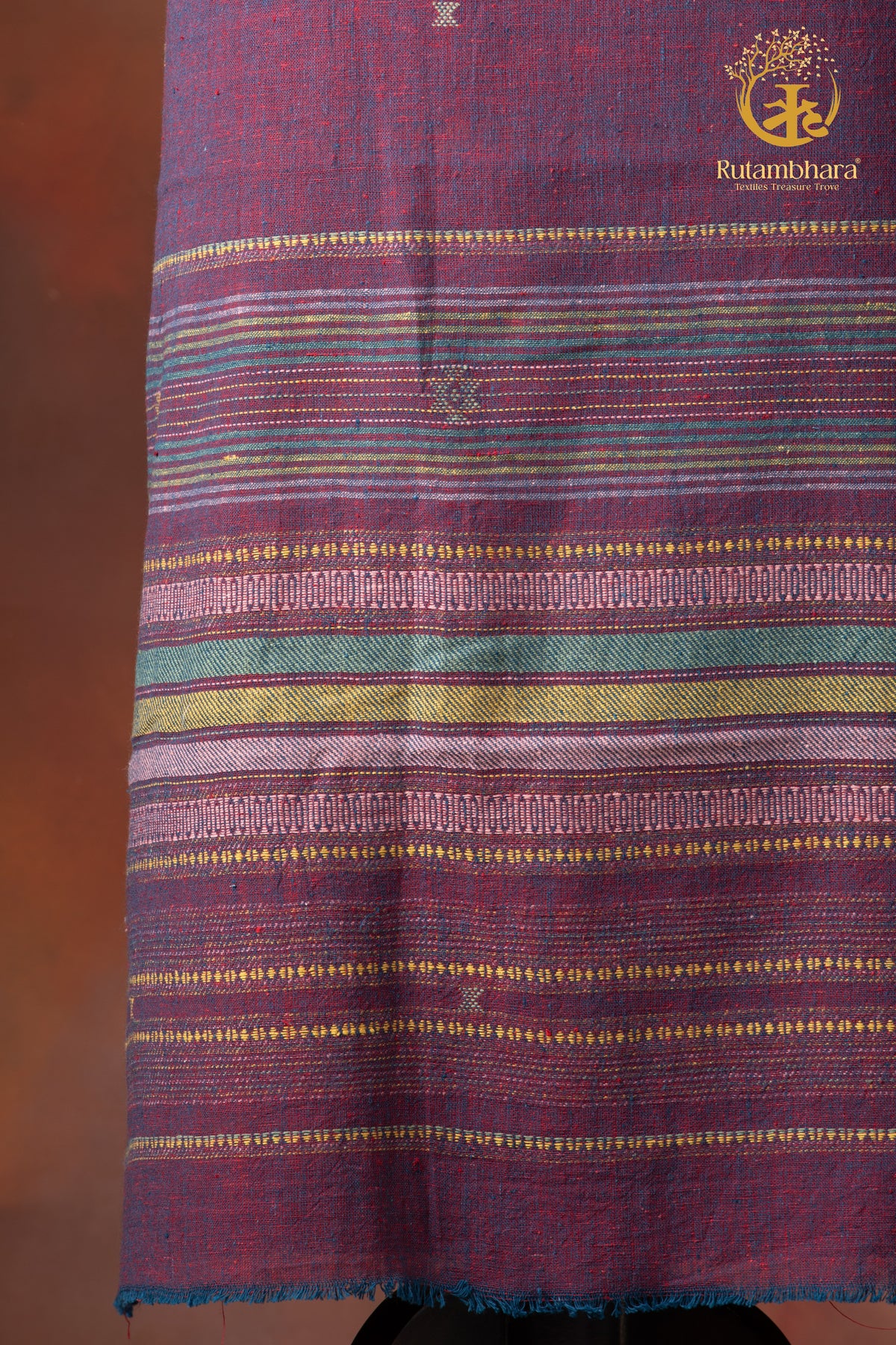 Jesaal - Handwoven Berry Indigo Kala Cotton Kurta Fabric With Muted Woven Stripe Panel