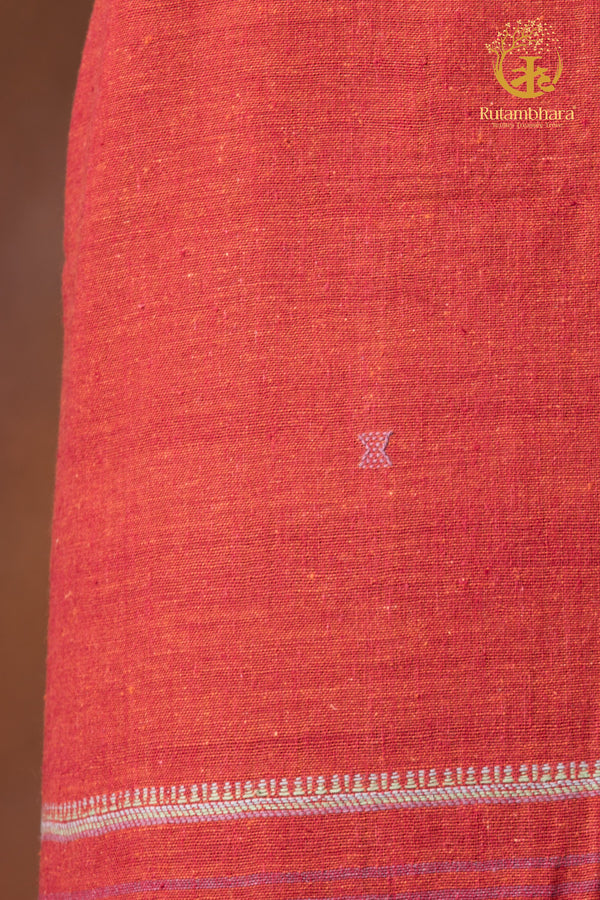 Jesaal - Handwoven Madder Rust Red Kala Cotton Kurta Fabric with Muted woven Stripe Panel