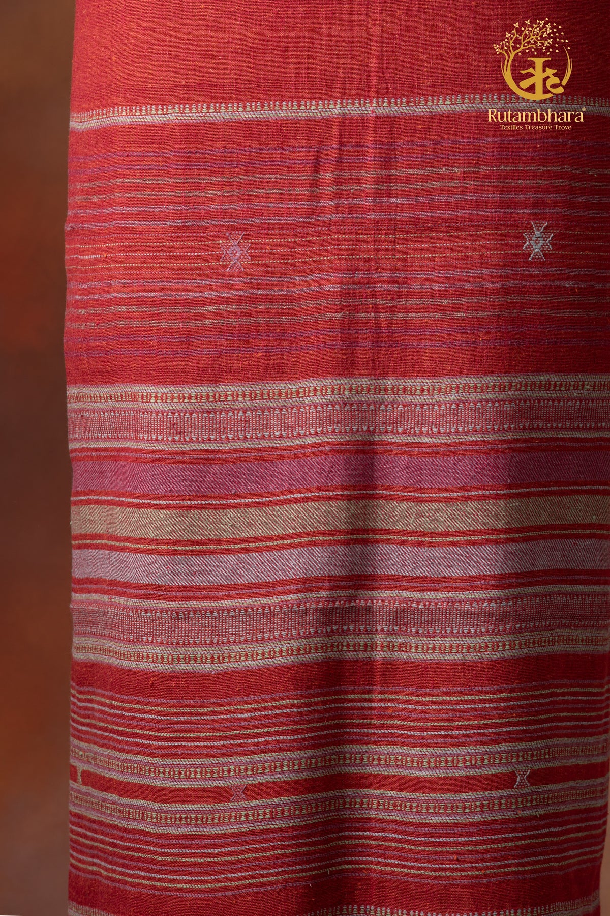 Jesaal - Handwoven Madder Rust Red Kala Cotton Kurta Fabric with Muted woven Stripe Panel
