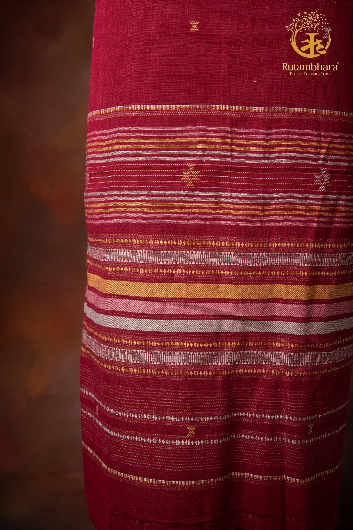 Jesaal - Handwoven Cheery Maroon Kala Cotton Kurta Fabric With Contrast Woven Stripe Panel