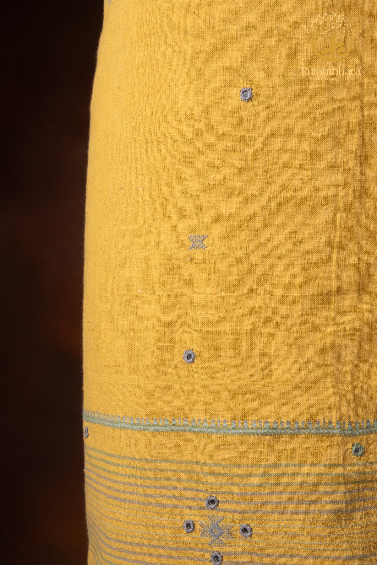 Jesaal - Handwoven Muted Mustard Yellow Kurta Fabric with Muted Woven Stripes Panel and Mirror Accents.