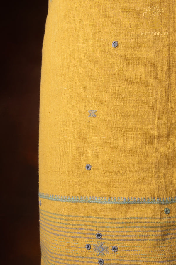 Jesaal - Handwoven Muted Mustard Yellow Kurta Fabric with Muted Woven Stripes Panel and Mirror Accents.