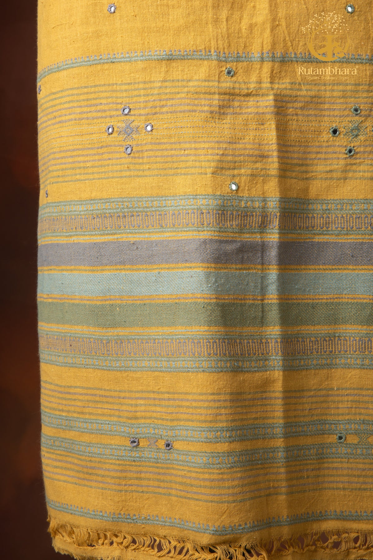 Jesaal - Handwoven Muted Mustard Yellow Kurta Fabric with Muted Woven Stripes Panel and Mirror Accents.