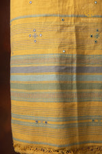 Jesaal - Handwoven Muted Mustard Yellow Kurta Fabric with Muted Woven Stripes Panel and Mirror Accents.