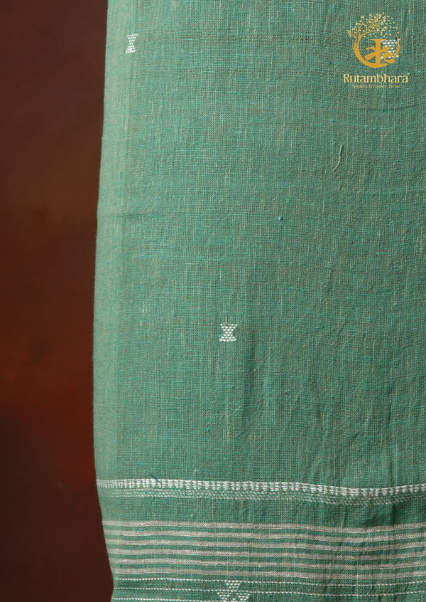 Jesaal - Handwoven Pastel Sage Kurta Fabric with Ivory Woven Stripes Panel.