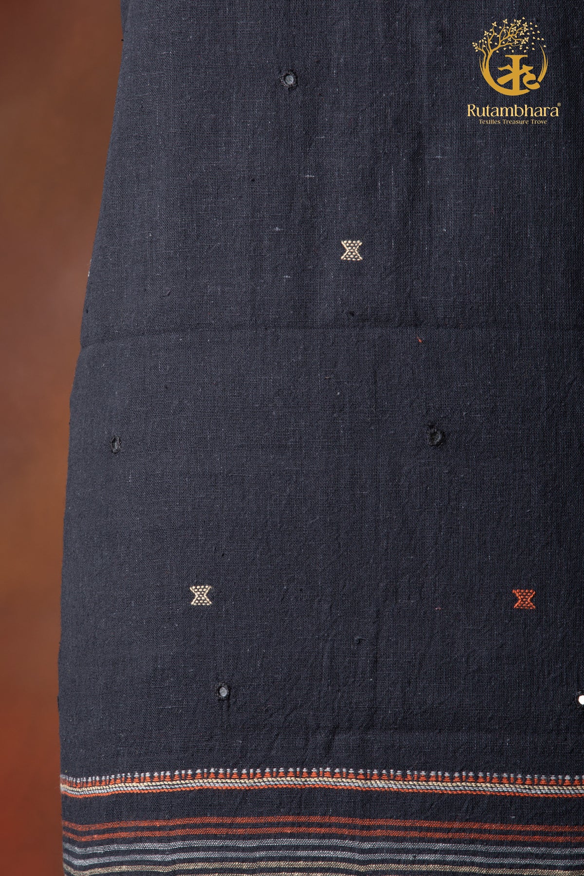 Jesaal - Handwoven Charcoal Black Kurta Fabric with Muted Woven Stripes Panel and Mirror Accents.