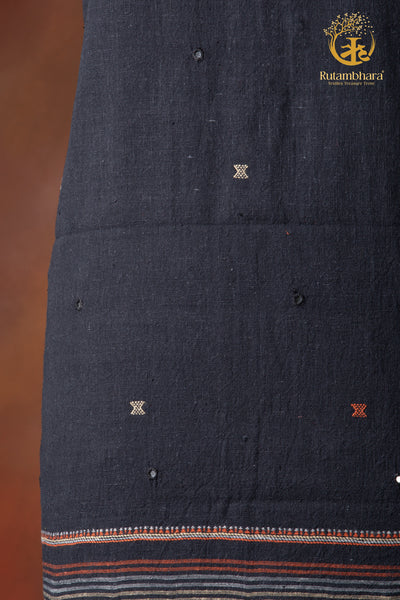 Jesaal - Handwoven Charcoal Black Kurta Fabric with Muted Woven Stripes Panel and Mirror Accents.