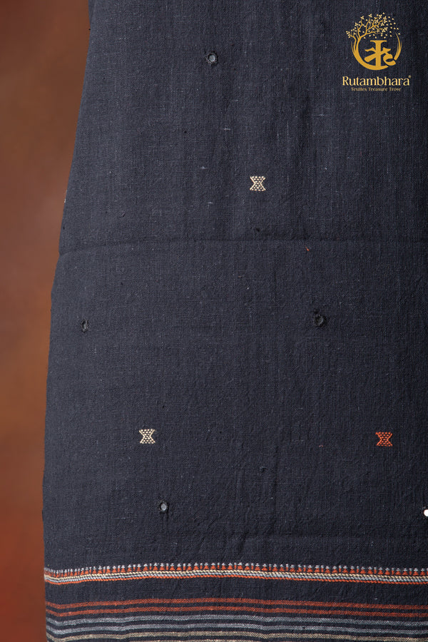 Jesaal - Handwoven Charcoal Black Kurta Fabric with Muted Woven Stripes Panel and Mirror Accents.