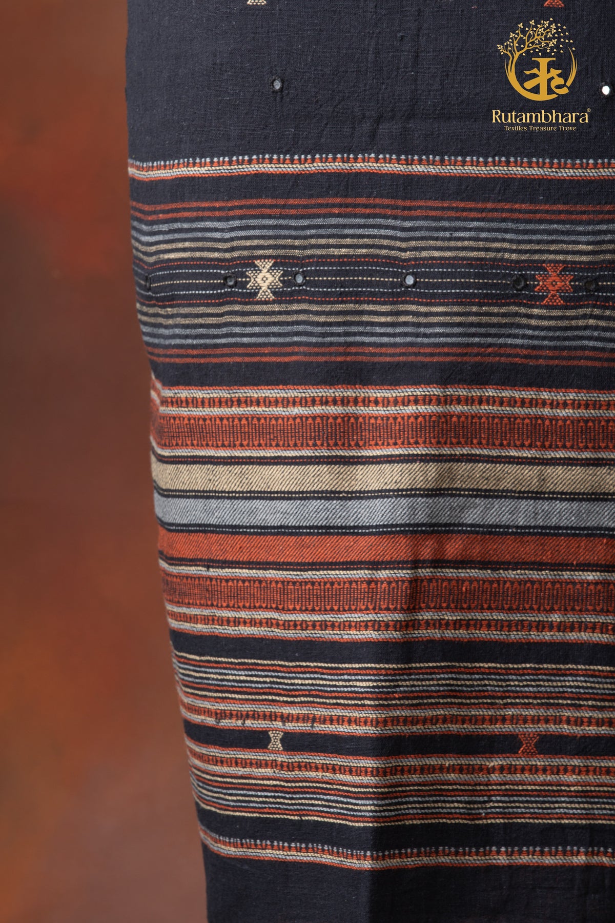 Jesaal - Handwoven Charcoal Black Kurta Fabric with Muted Woven Stripes Panel and Mirror Accents.