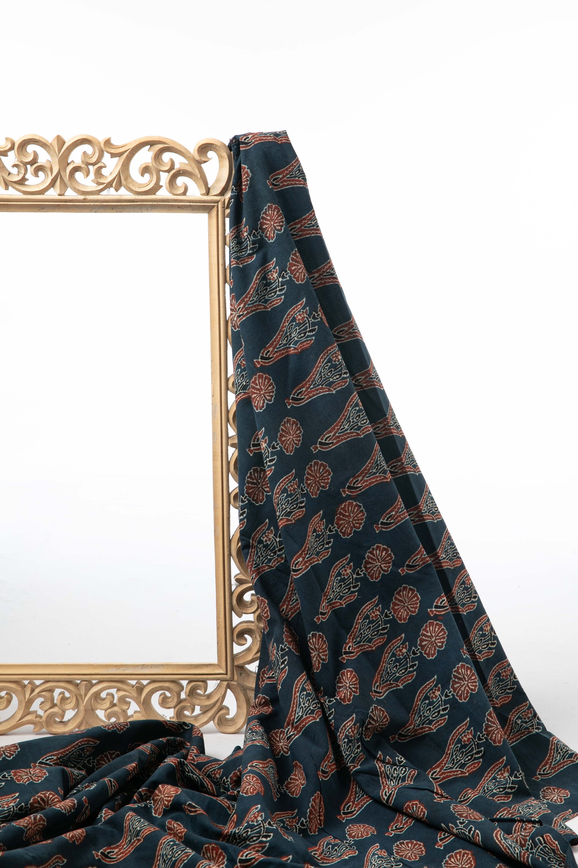 Ushraa - Indigo & Rusted Floral Ajrak Fabric-Rutambhara-RUTAMBHARA