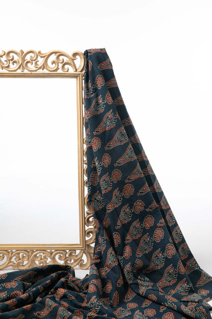 Ushraa - Indigo & Rusted Floral Ajrak Fabric-Rutambhara-RUTAMBHARA