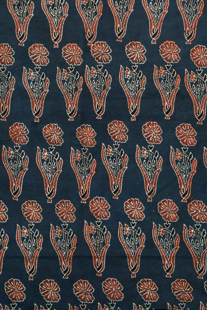 Ushraa - Indigo & Rusted Floral Ajrak Fabric-Rutambhara-RUTAMBHARA