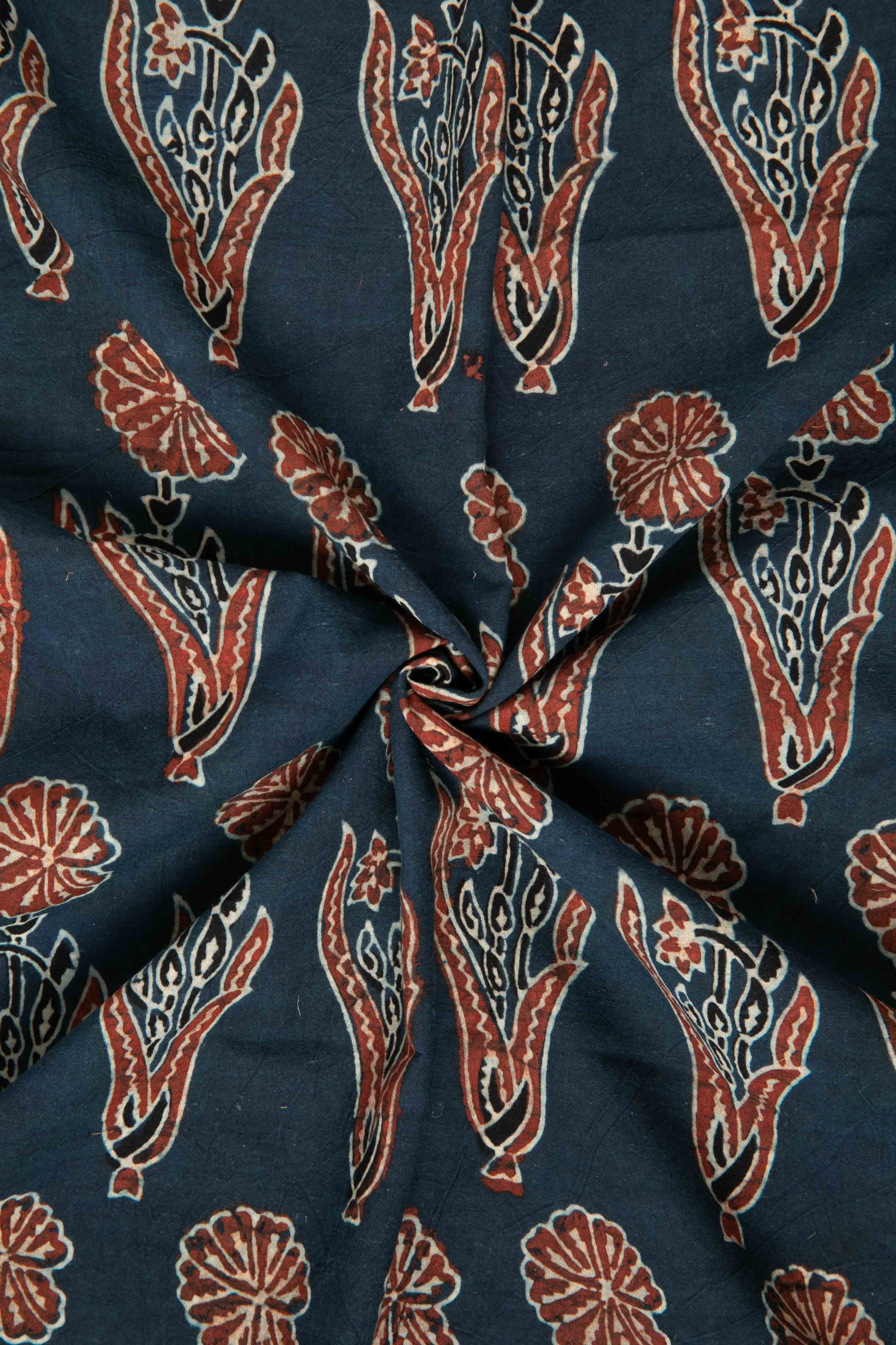 Ushraa - Indigo & Rusted Floral Ajrak Fabric-Rutambhara-RUTAMBHARA