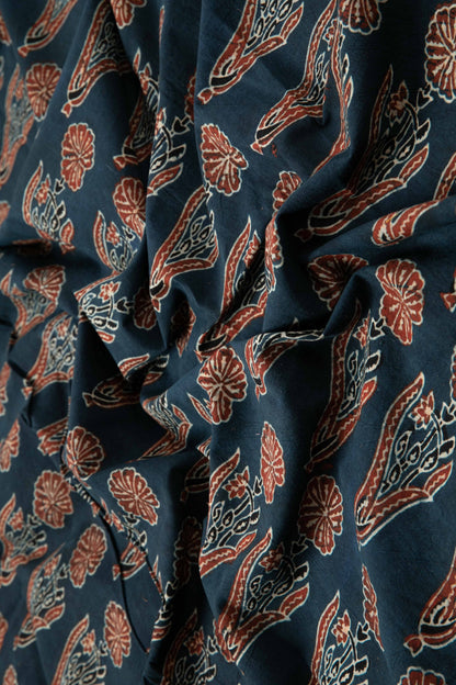 Ushraa - Indigo & Rusted Floral Ajrak Fabric-Rutambhara-RUTAMBHARA
