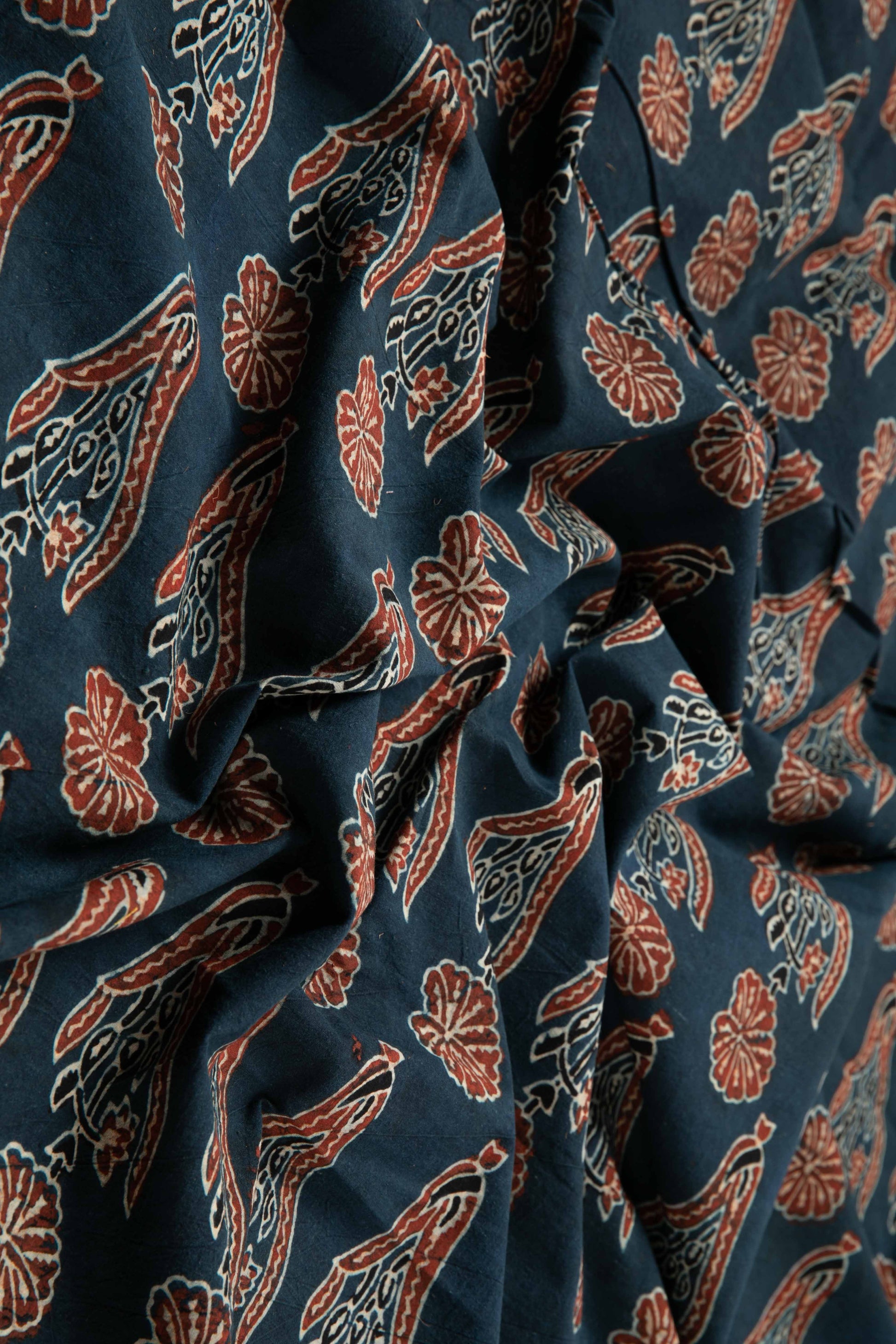 Ushraa - Indigo & Rusted Floral Ajrak Fabric-Rutambhara-RUTAMBHARA