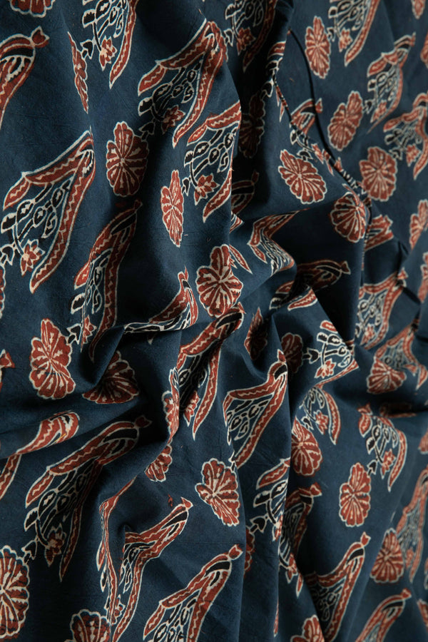 Ushraa - Indigo & Rusted Floral Ajrak Fabric-Rutambhara-RUTAMBHARA