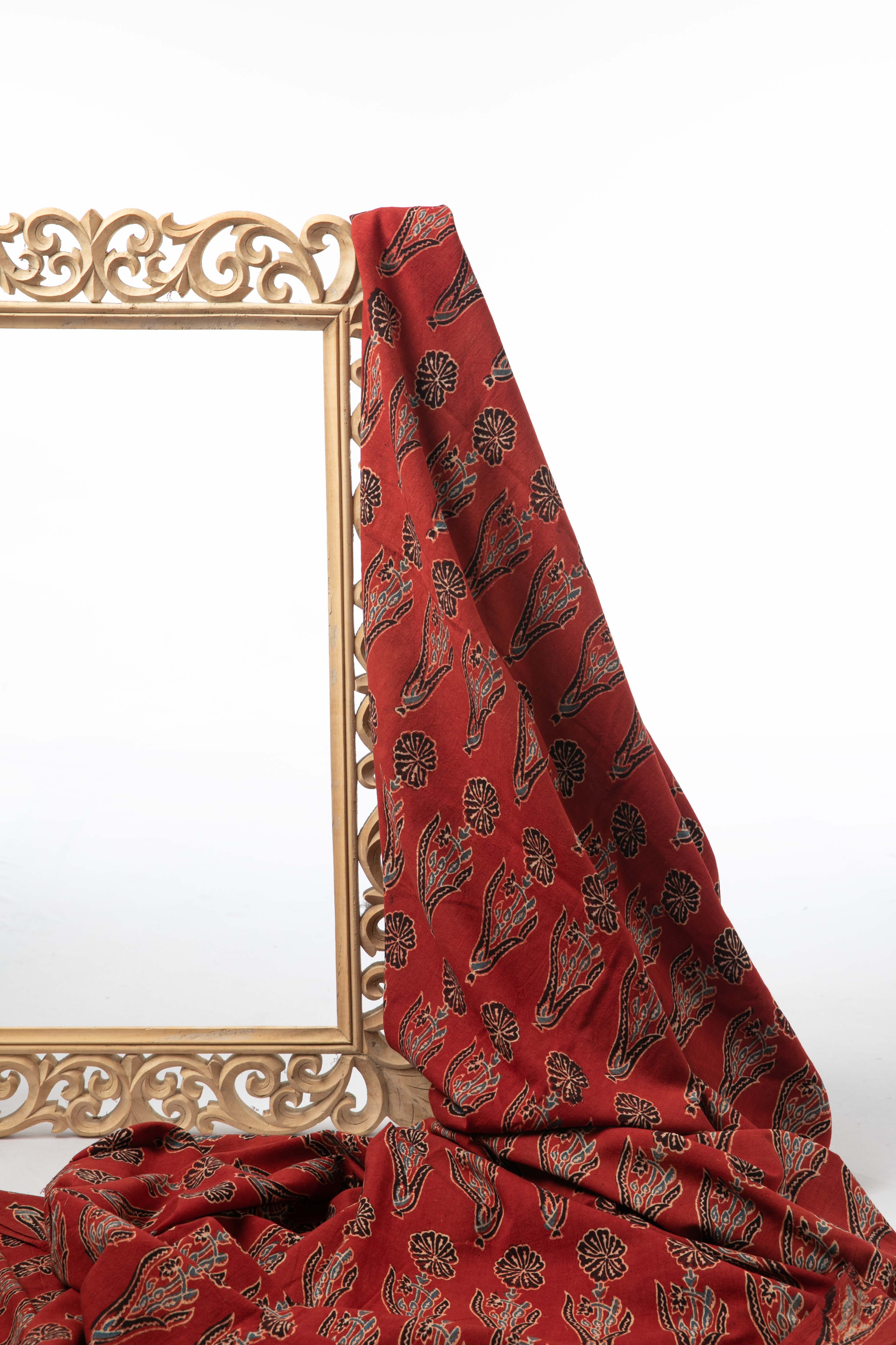 Ushraa - Rusted Red Ajrak Fabric With Floral Motifs