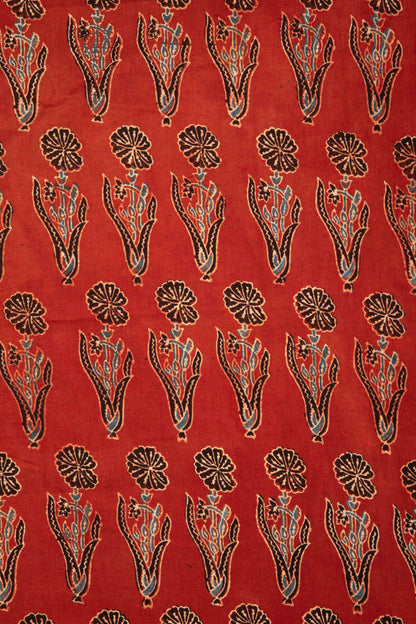 Ushraa - Rusted Red Ajrak Fabric With Floral Motifs-Rutambhara-RUTAMBHARA