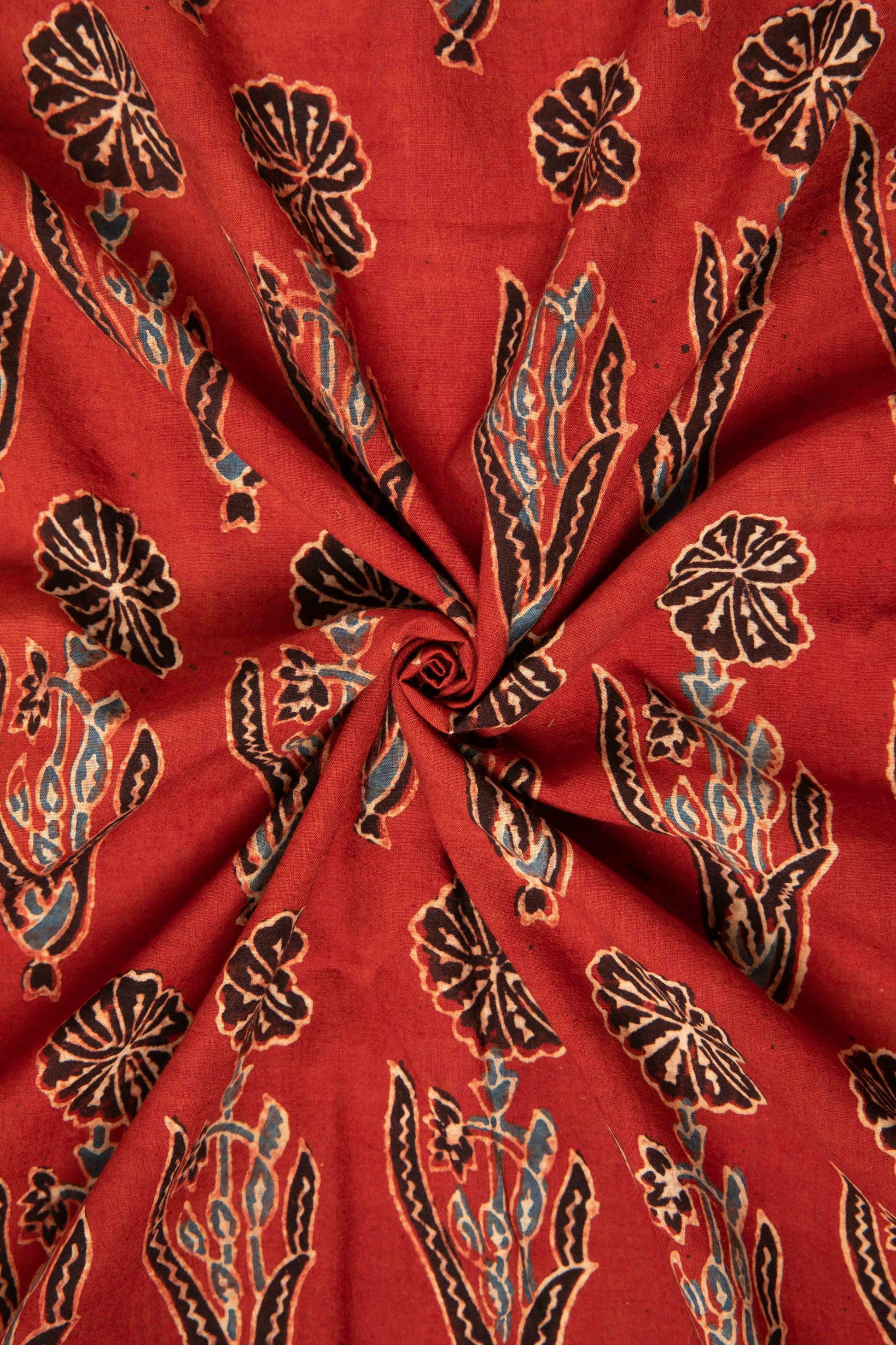 Ushraa - Rusted Red Ajrak Fabric With Floral Motifs-Rutambhara-RUTAMBHARA