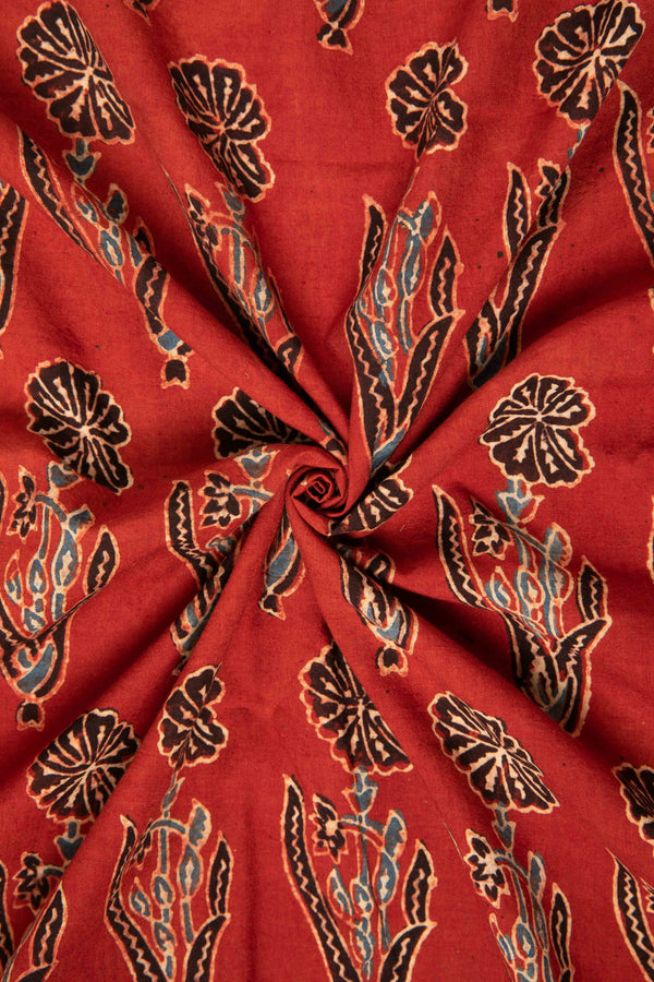 Ushraa - Rusted Red Ajrak Fabric With Floral Motifs-Rutambhara-RUTAMBHARA