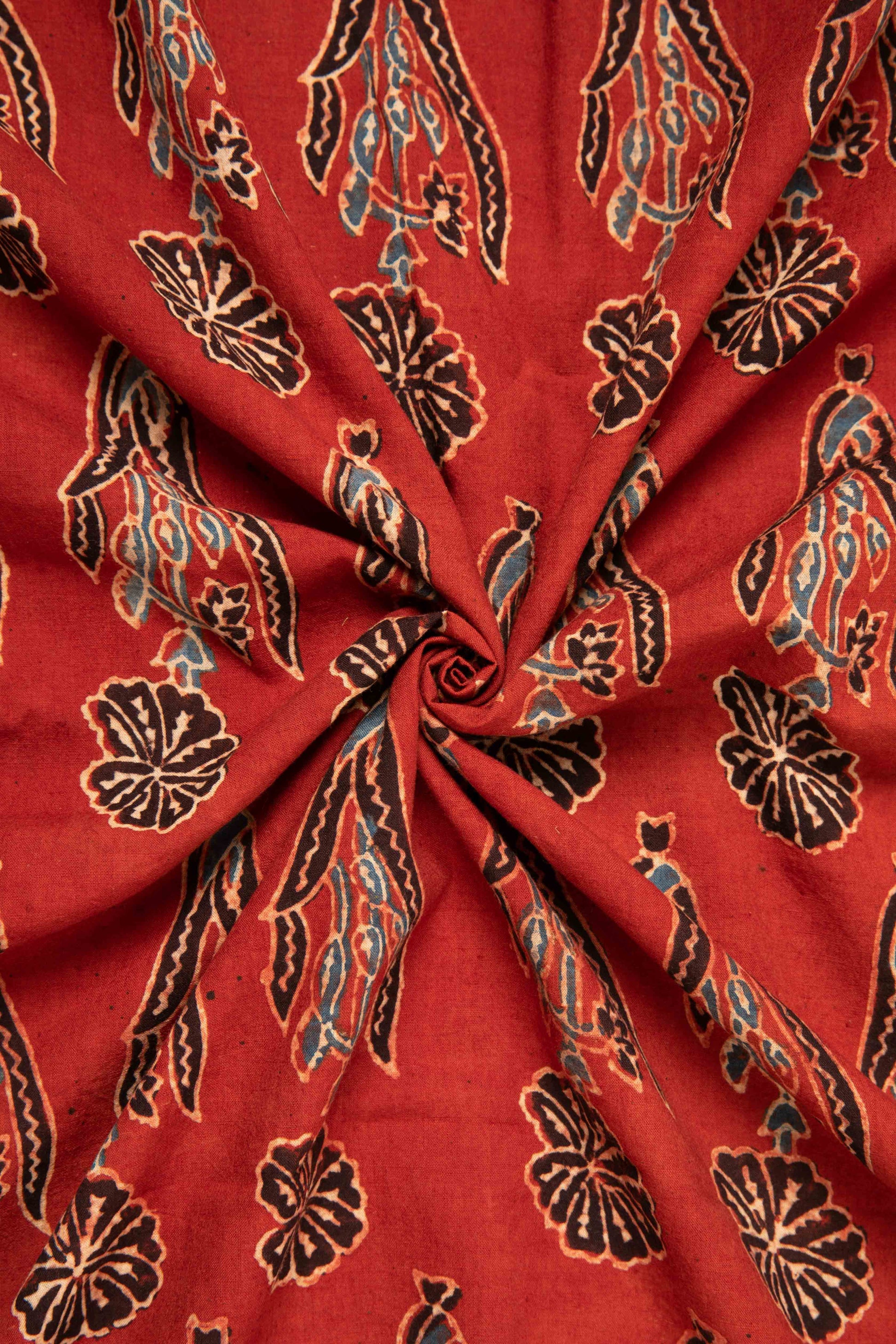 Ushraa - Rusted Red Ajrak Fabric With Floral Motifs-Rutambhara-RUTAMBHARA
