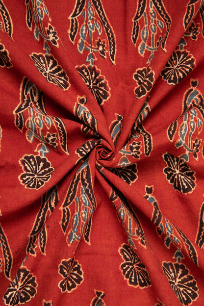 Ushraa - Rusted Red Ajrak Fabric With Floral Motifs-Rutambhara-RUTAMBHARA