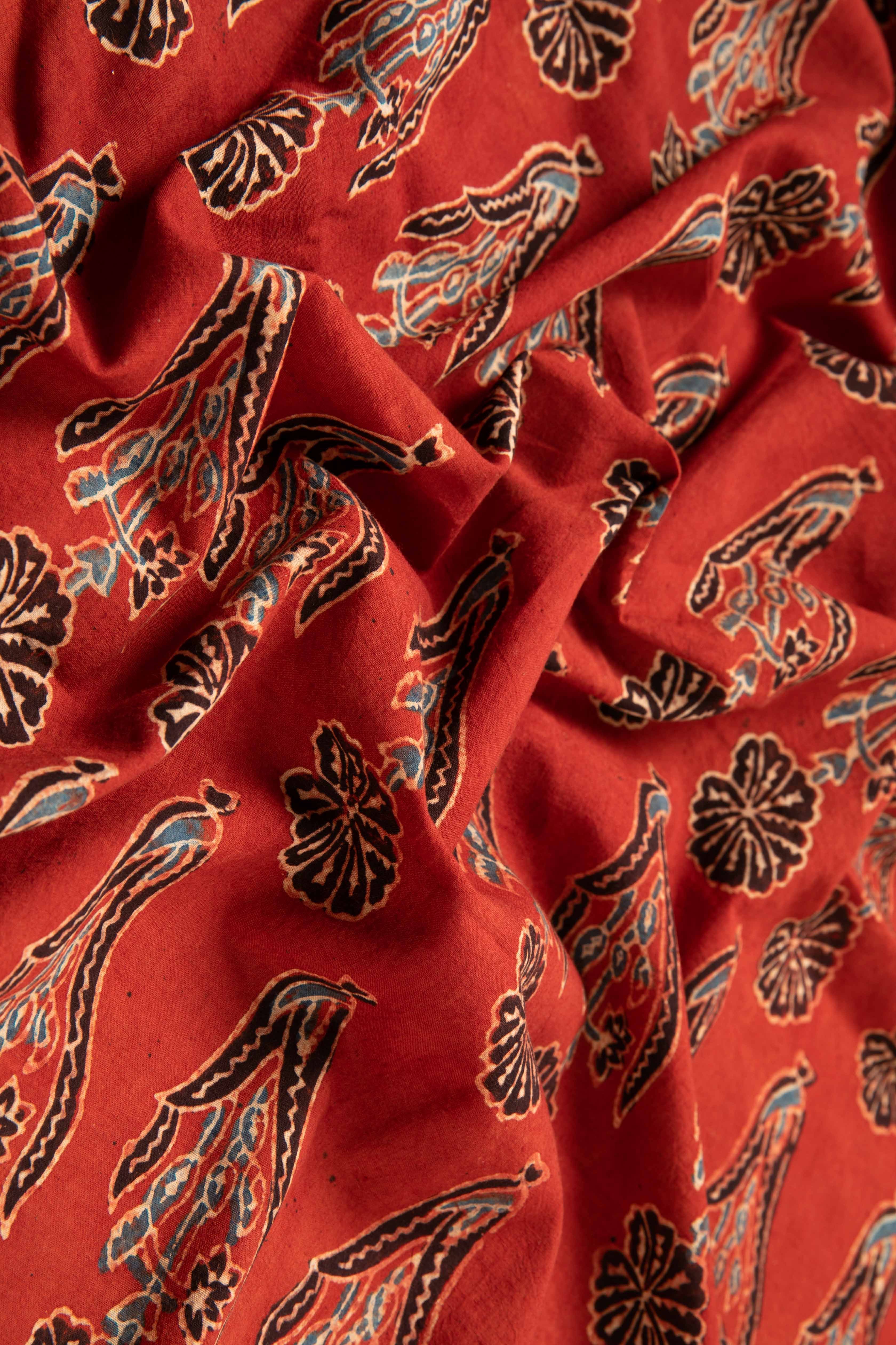 Ushraa - Rusted Red Ajrak Fabric With Floral Motifs