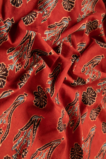 Ushraa - Rusted Red Ajrak Fabric With Floral Motifs-Rutambhara-RUTAMBHARA
