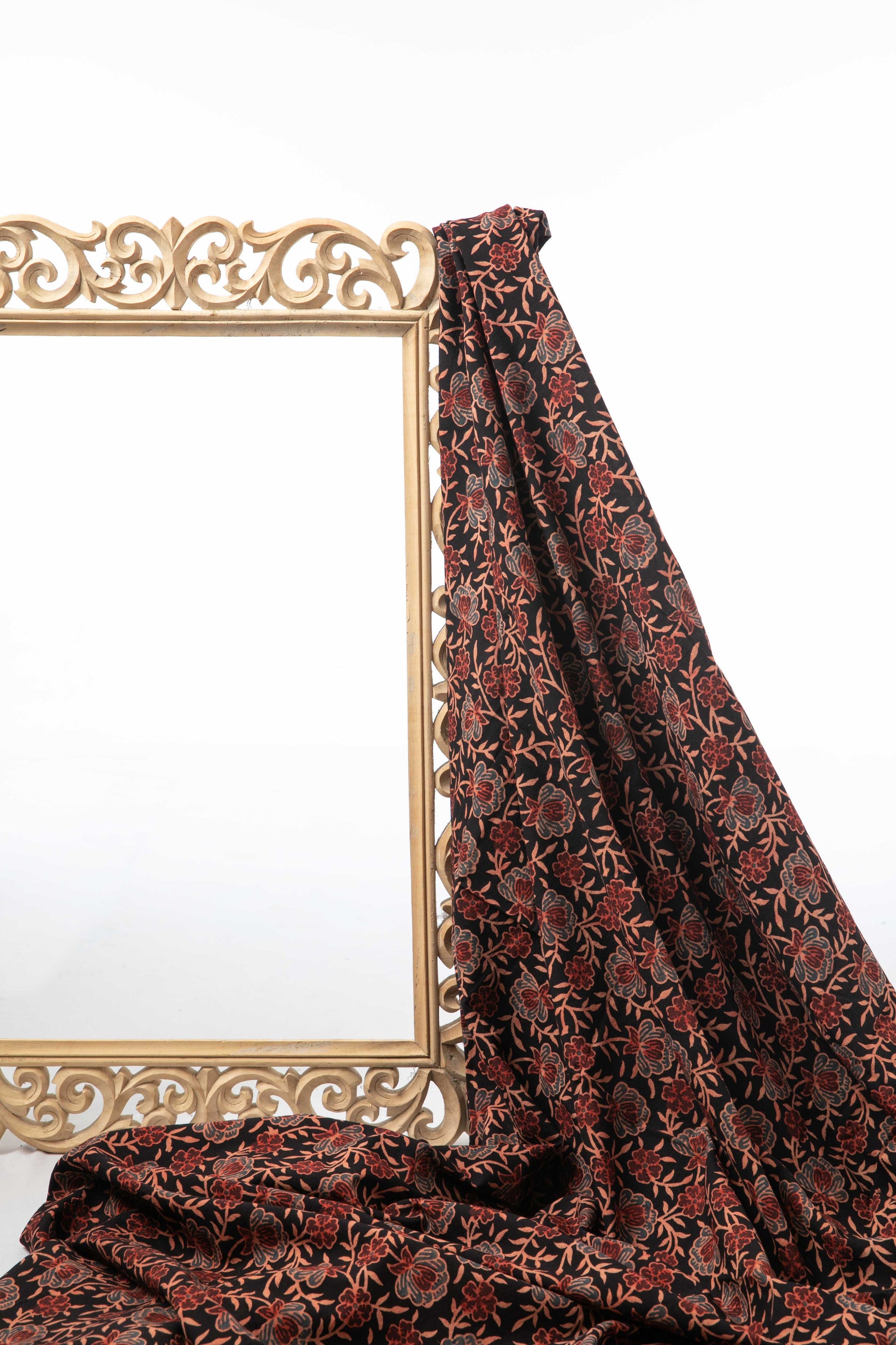 Ushraa-Black Floral Block Print Ajrakh Fabric-Rutambhara-RUTAMBHARA