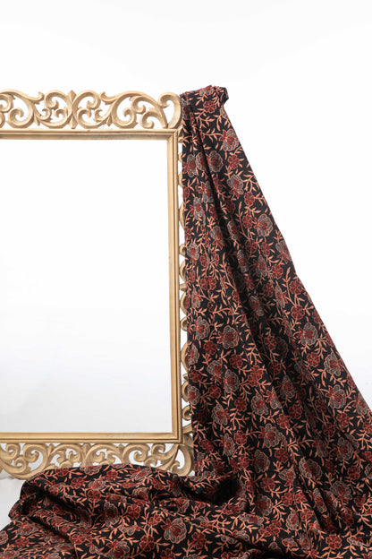 Ushraa-Black Floral Block Print Ajrakh Fabric-Rutambhara-RUTAMBHARA