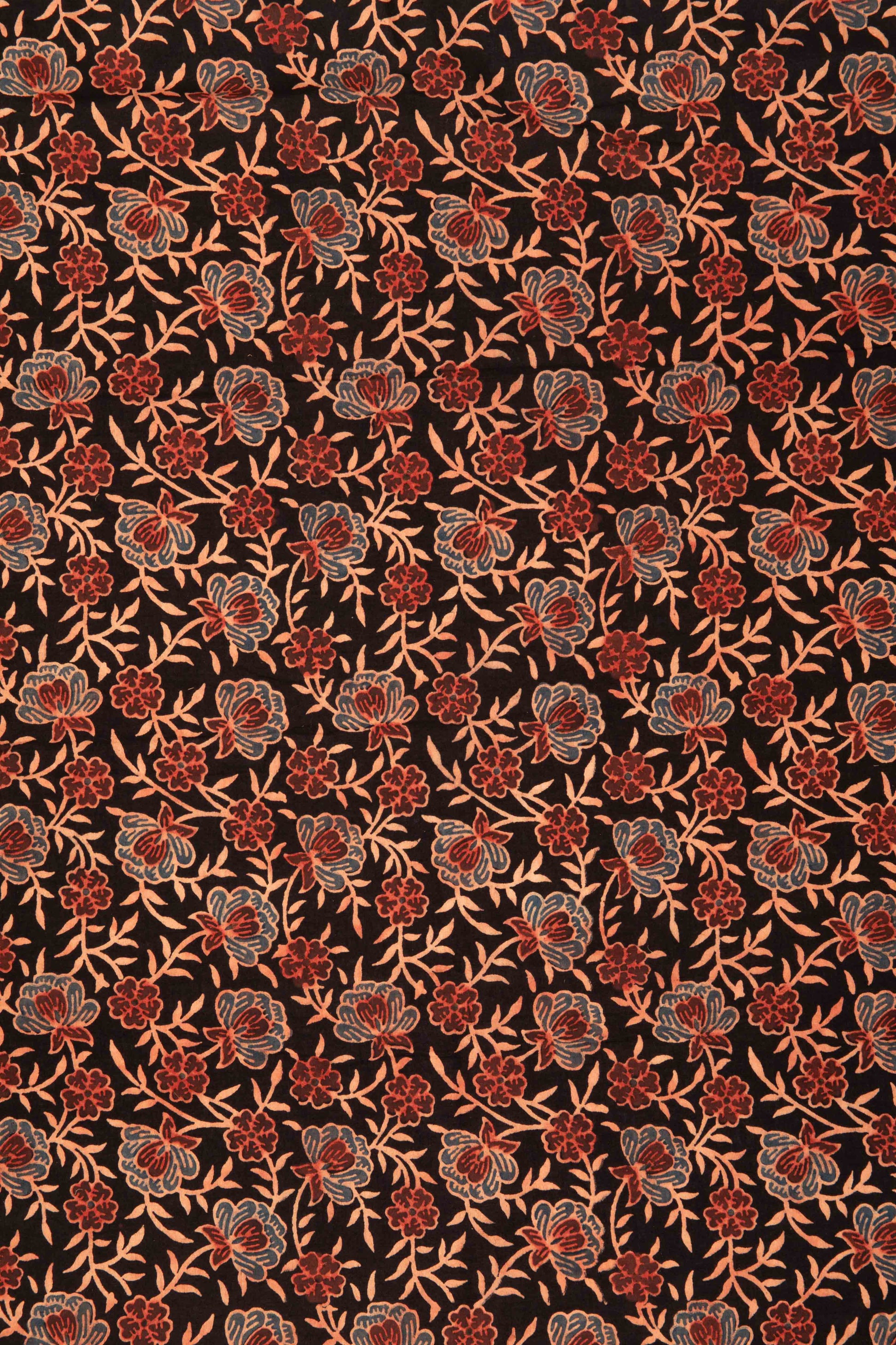Ushraa-Black Floral Block Print Ajrakh Fabric-Rutambhara-RUTAMBHARA