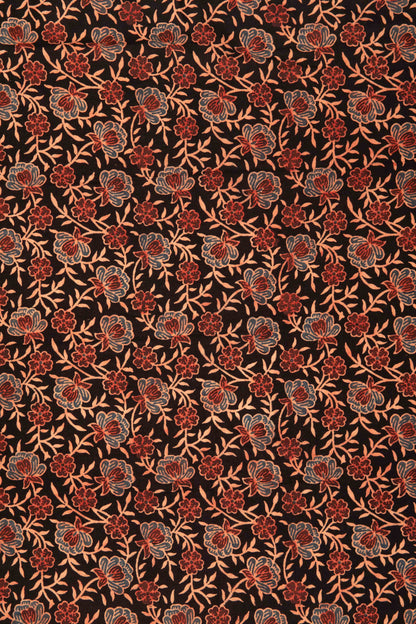 Ushraa-Black Floral Block Print Ajrakh Fabric-Rutambhara-RUTAMBHARA