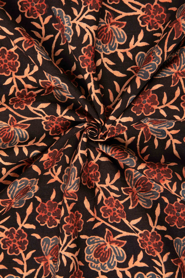 Ushraa-Black Floral Block Print Ajrakh Fabric-Rutambhara-RUTAMBHARA