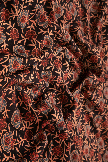 Ushraa-Black Floral Block Print Ajrakh Fabric-Rutambhara-RUTAMBHARA