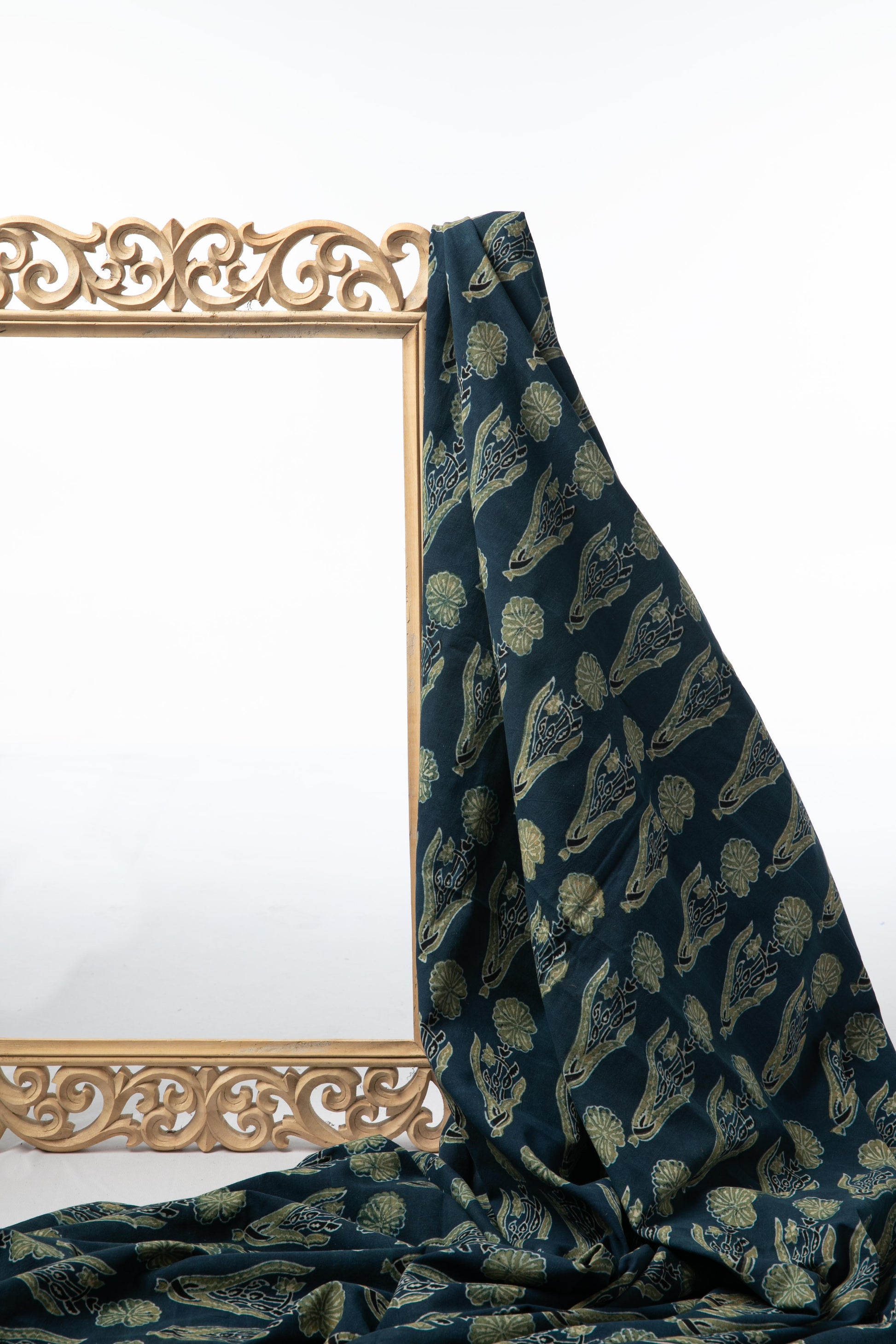 Ushraa - Midnight Bloom Ajrakh Hand Block Printed Cotton Fabric-RUTAMBHARA ENTERPRISES -RUTAMBHARA