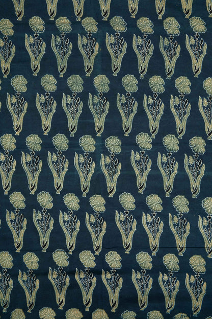 Ushraa - Midnight Bloom Ajrakh Hand Block Printed Cotton Fabric-RUTAMBHARA ENTERPRISES -RUTAMBHARA