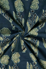 Ushraa - Midnight Bloom Ajrakh Hand Block Printed Cotton Fabric-RUTAMBHARA ENTERPRISES -RUTAMBHARA