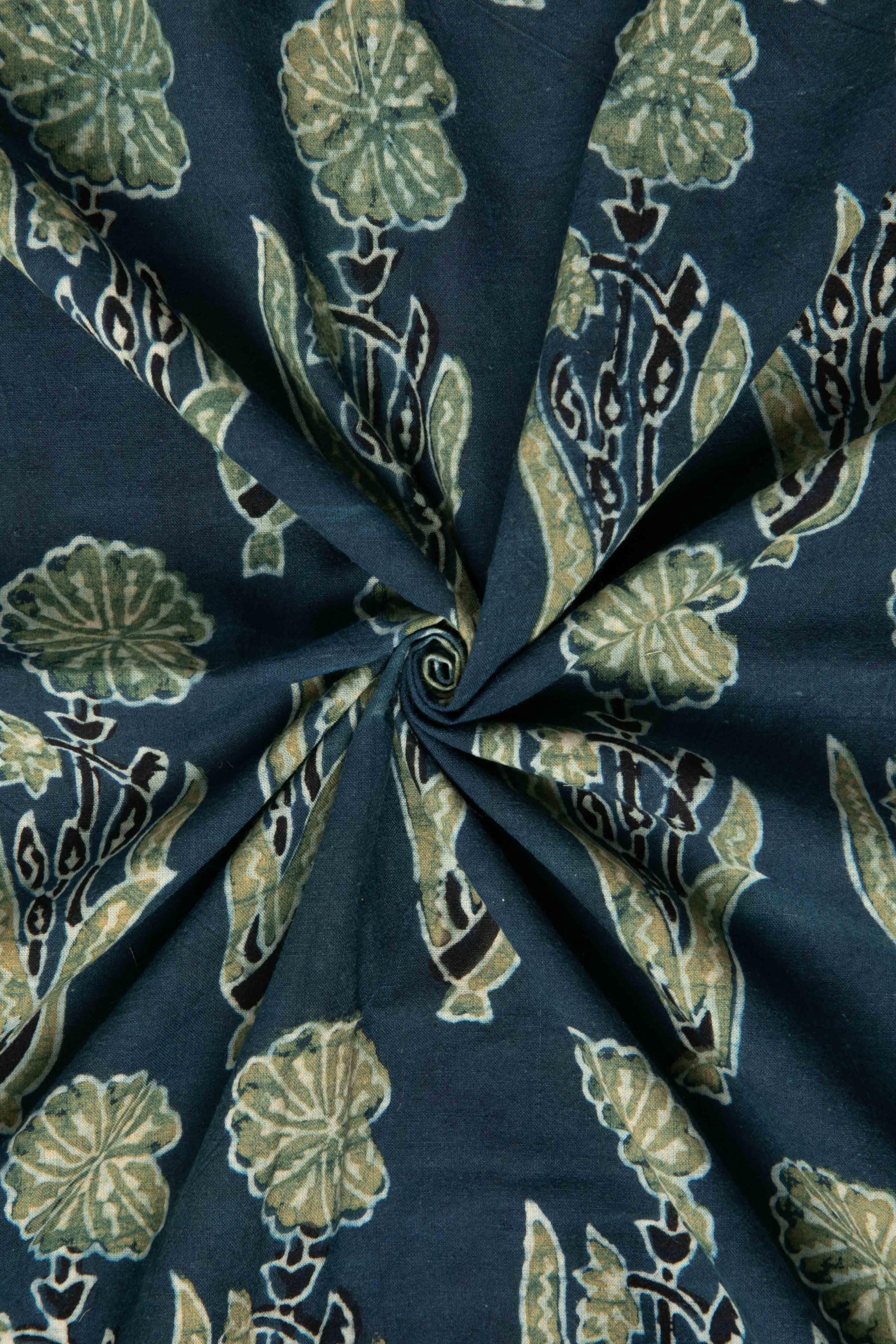 Ushraa - Midnight Bloom Ajrakh Hand Block Printed Cotton Fabric-RUTAMBHARA ENTERPRISES -RUTAMBHARA