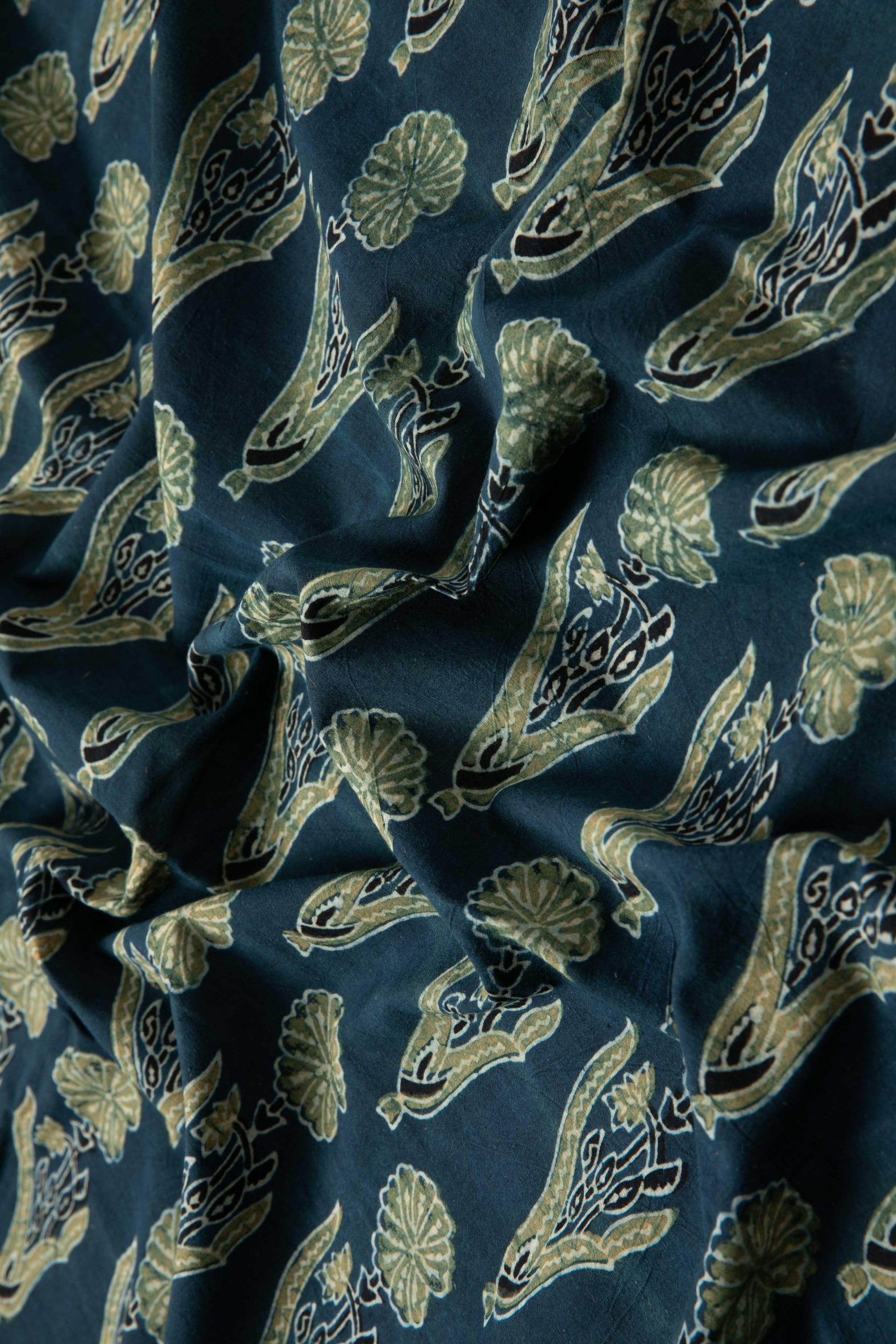 Ushraa - Midnight Bloom Ajrakh Hand Block Printed Cotton Fabric-RUTAMBHARA ENTERPRISES -RUTAMBHARA