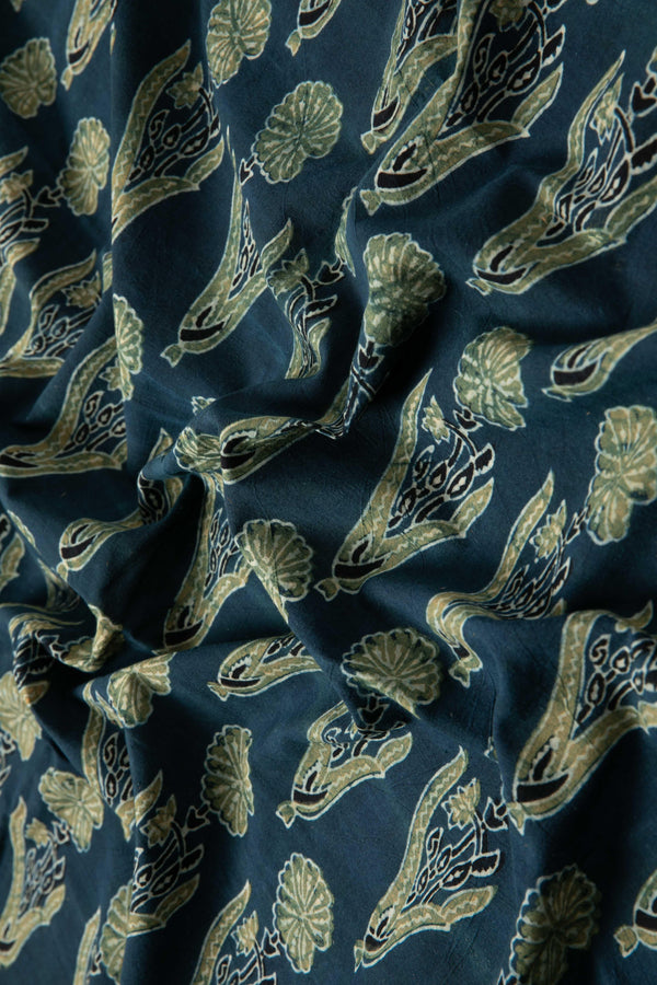 Ushraa - Midnight Bloom Ajrakh Hand Block Printed Cotton Fabric-RUTAMBHARA ENTERPRISES -RUTAMBHARA