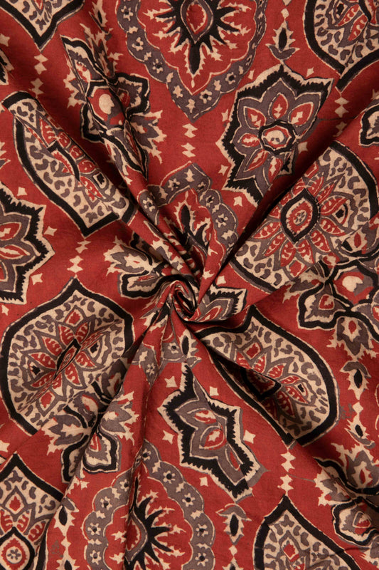 Ushraa - Floral And Paisley Motif Ajrakh Cotton Fabric