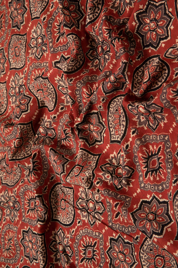 Ushraa - Floral And Paisley Motif Ajrakh Cotton Fabric-Rutambhara-RUTAMBHARA