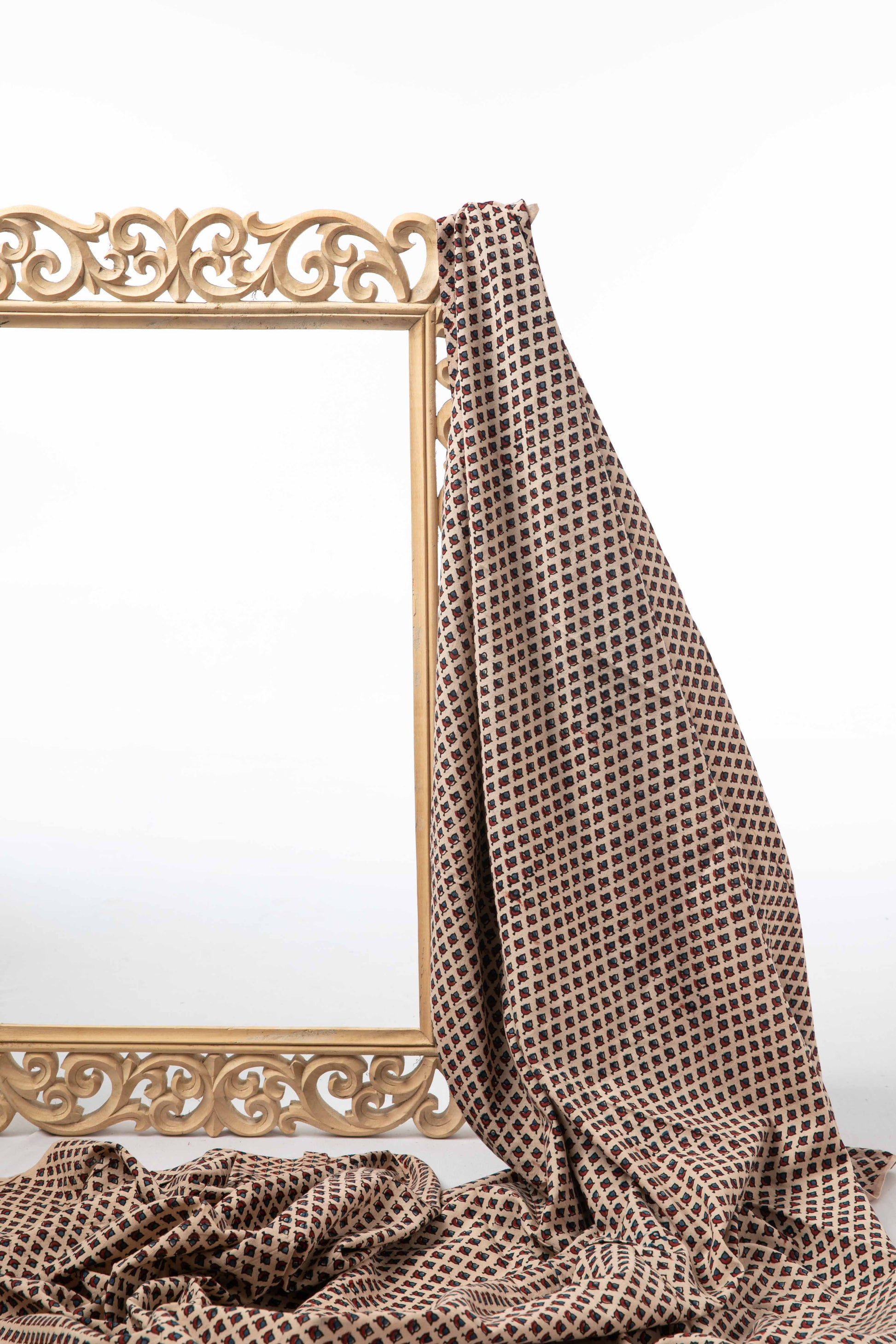 Ushraa - Beige Ajrakh Fabric With Floral Motif-Rutambhara-RUTAMBHARA