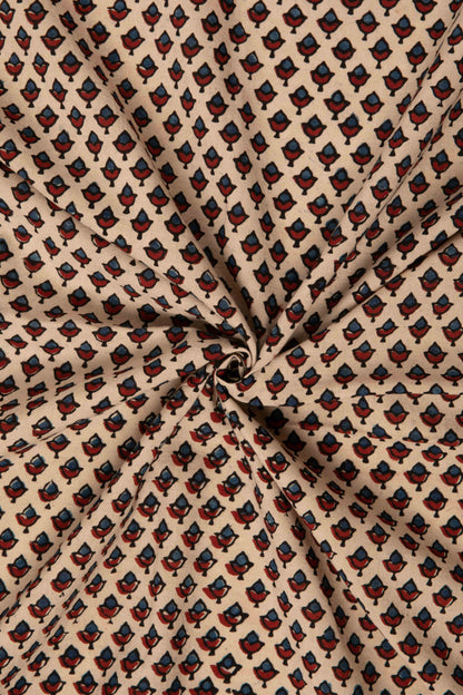 Ushraa - Beige Ajrakh Fabric With Floral Motif-Rutambhara-RUTAMBHARA