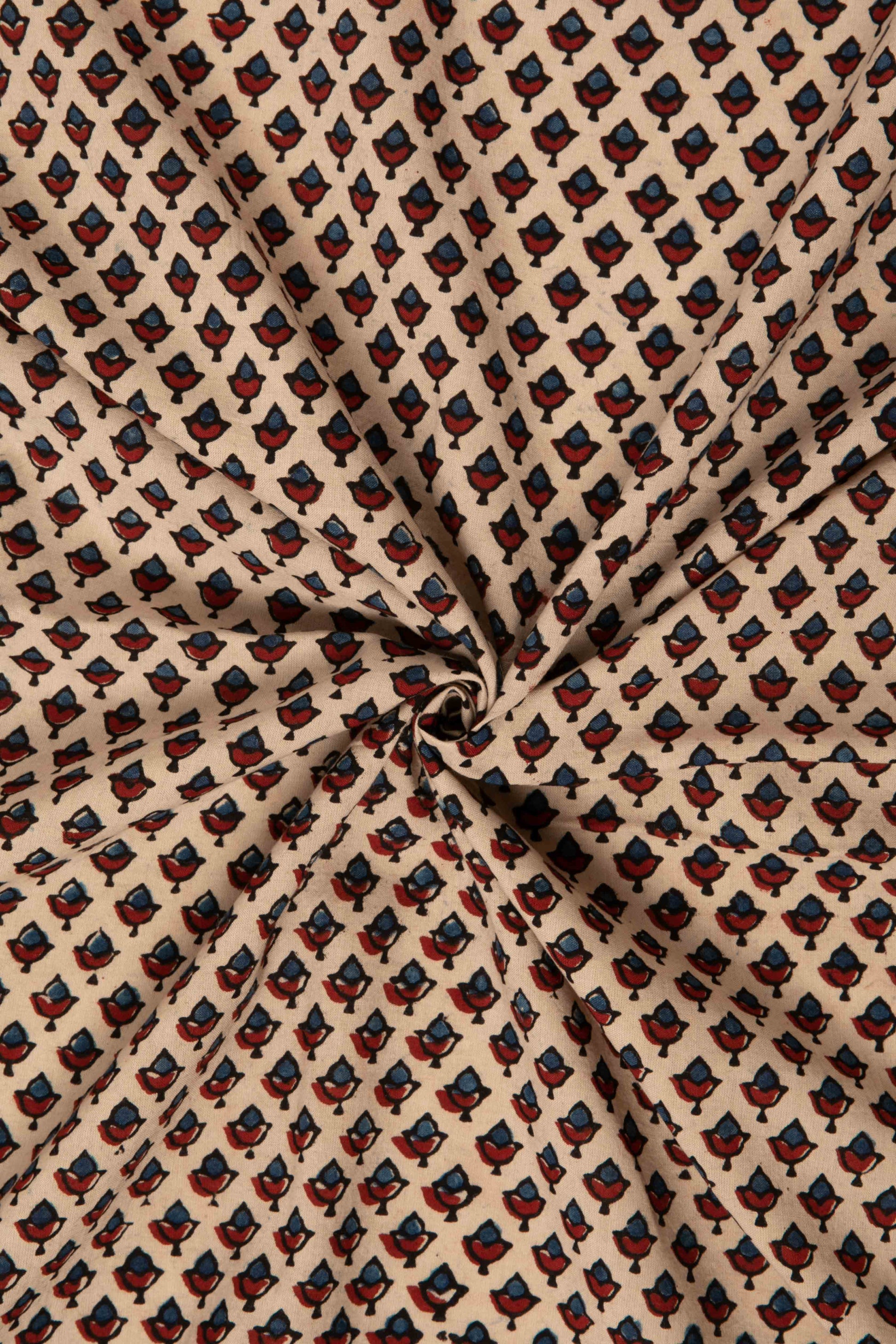 Ushraa - Beige Ajrakh Fabric with Floral Motif-Rutambhara-RUTAMBHARA