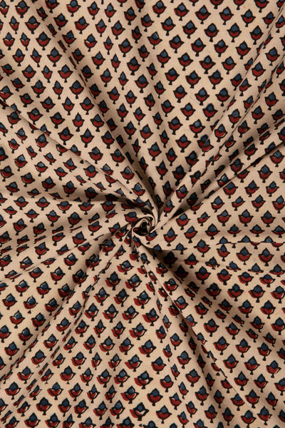 Ushraa - Beige Ajrakh Fabric with Floral Motif-Rutambhara-RUTAMBHARA